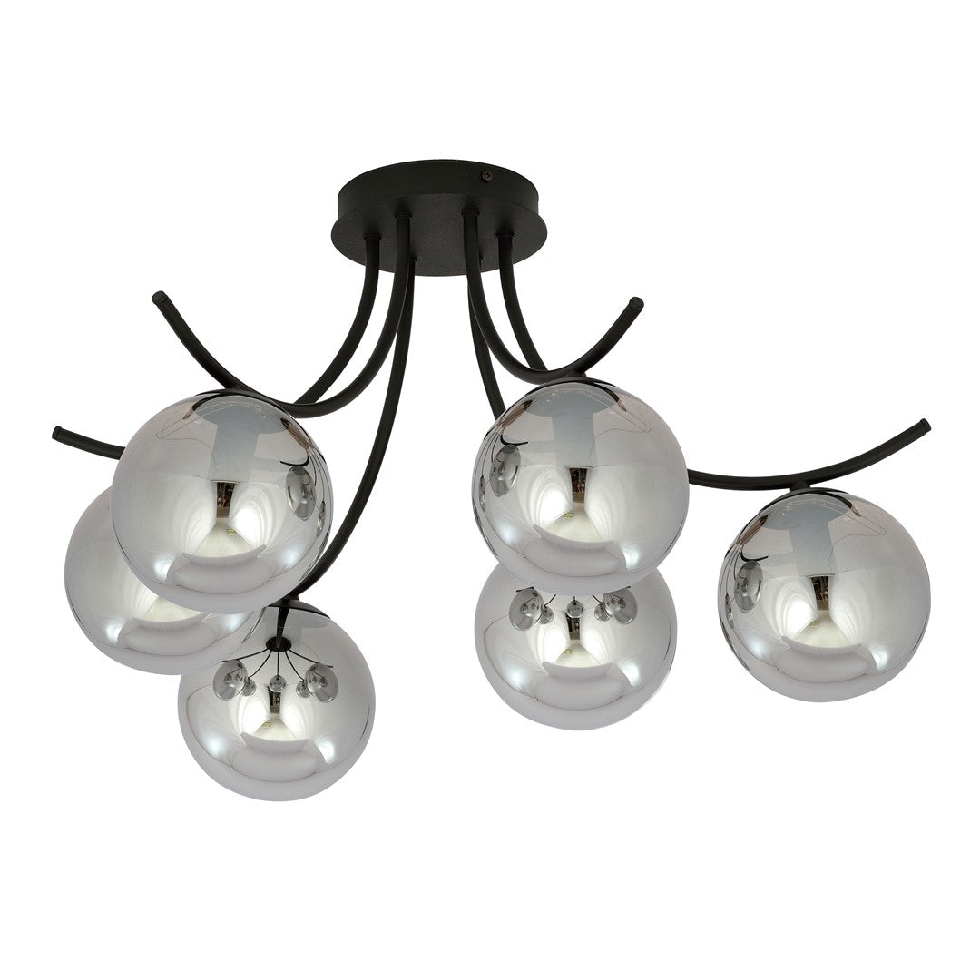 Plafondlamp gepoedercoat staal en glas Boston, zwart met grafiet kappen, 6 lichts, 70 cm breed, woonkamer