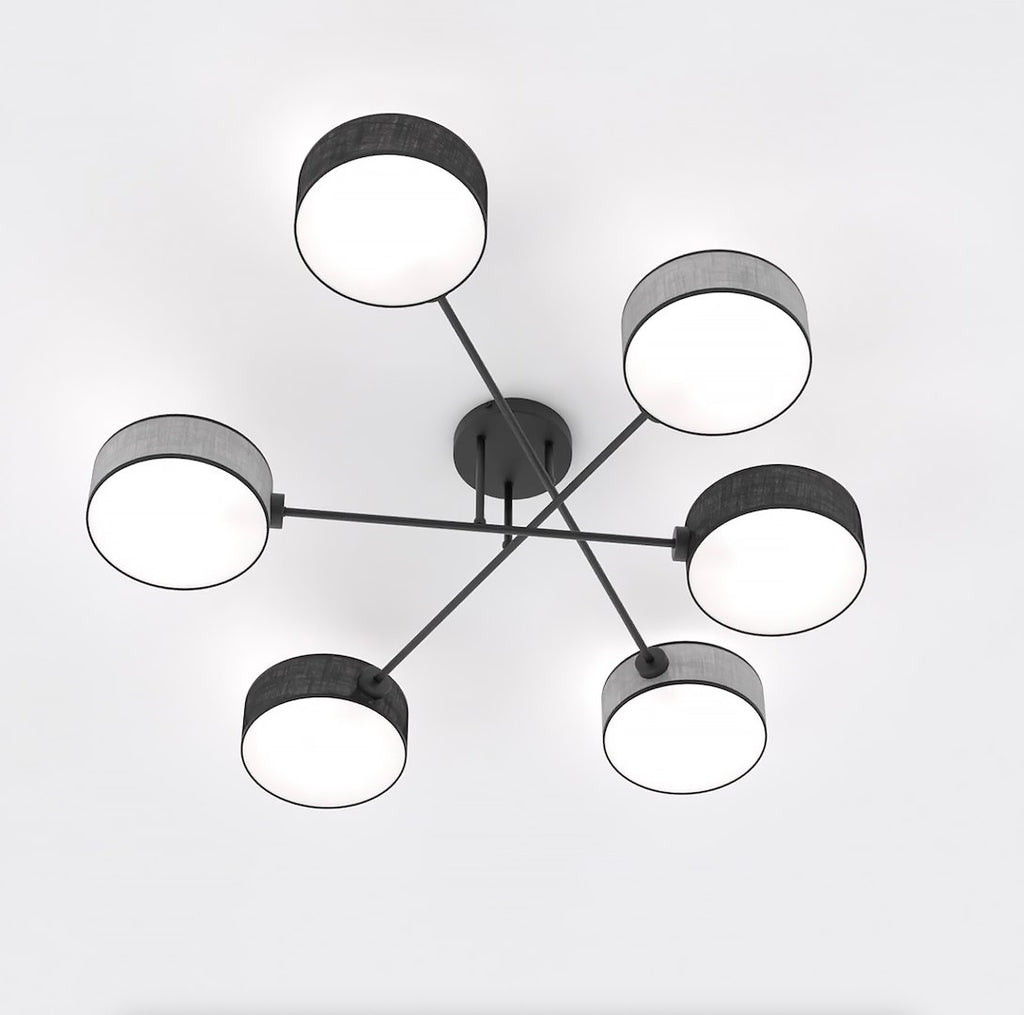 Plafondlamp gepoedercoat staal Japandi Maga 6 lichts zwart en grijs, kappen Ø 20 cm – 105 x 105 cm