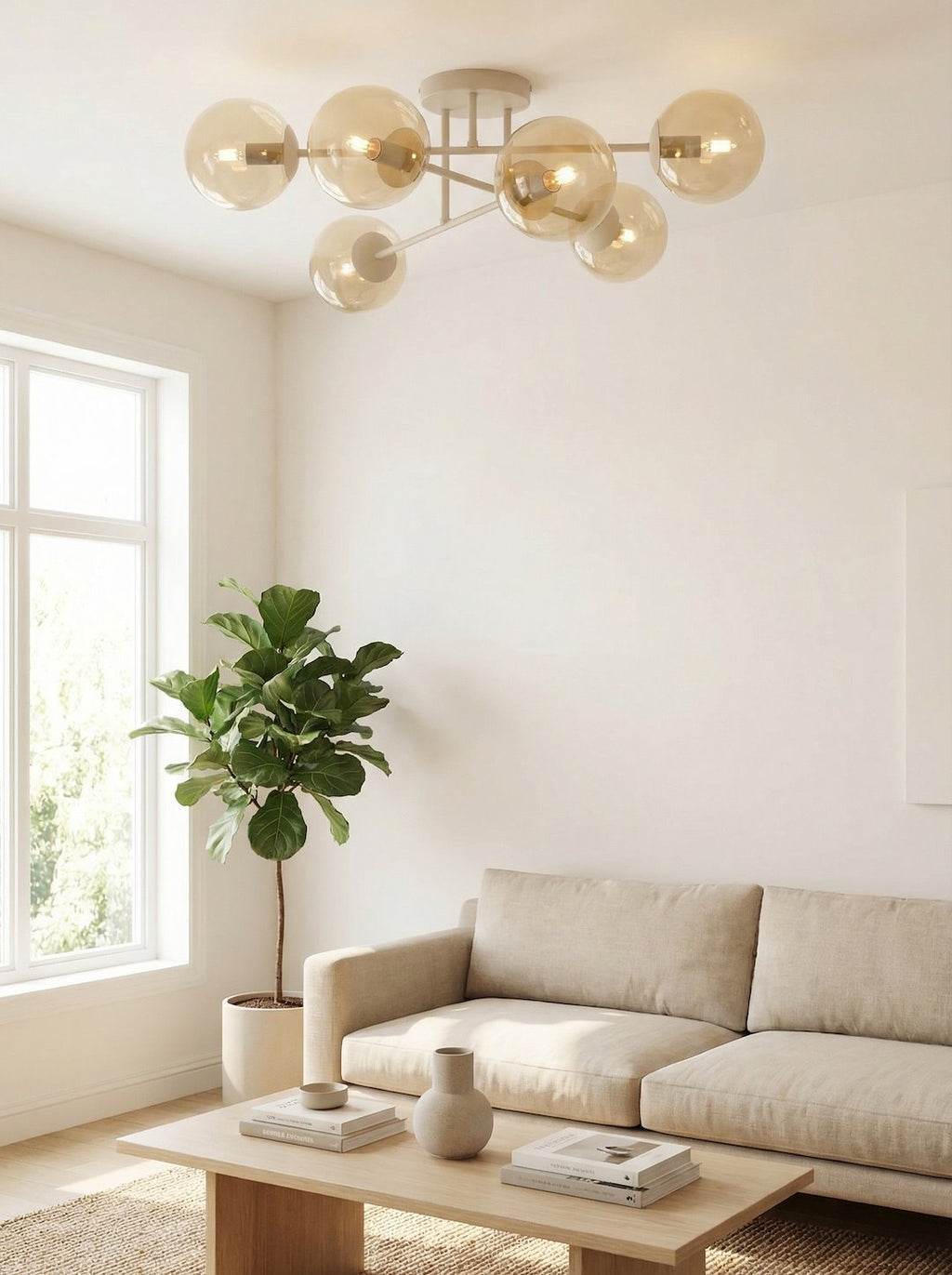 Plafondlamp gepoedercoat staal en glas Roma 6 modern, beige met amber glazen kappen, 6 lichtpunten E14 voor woonkamer