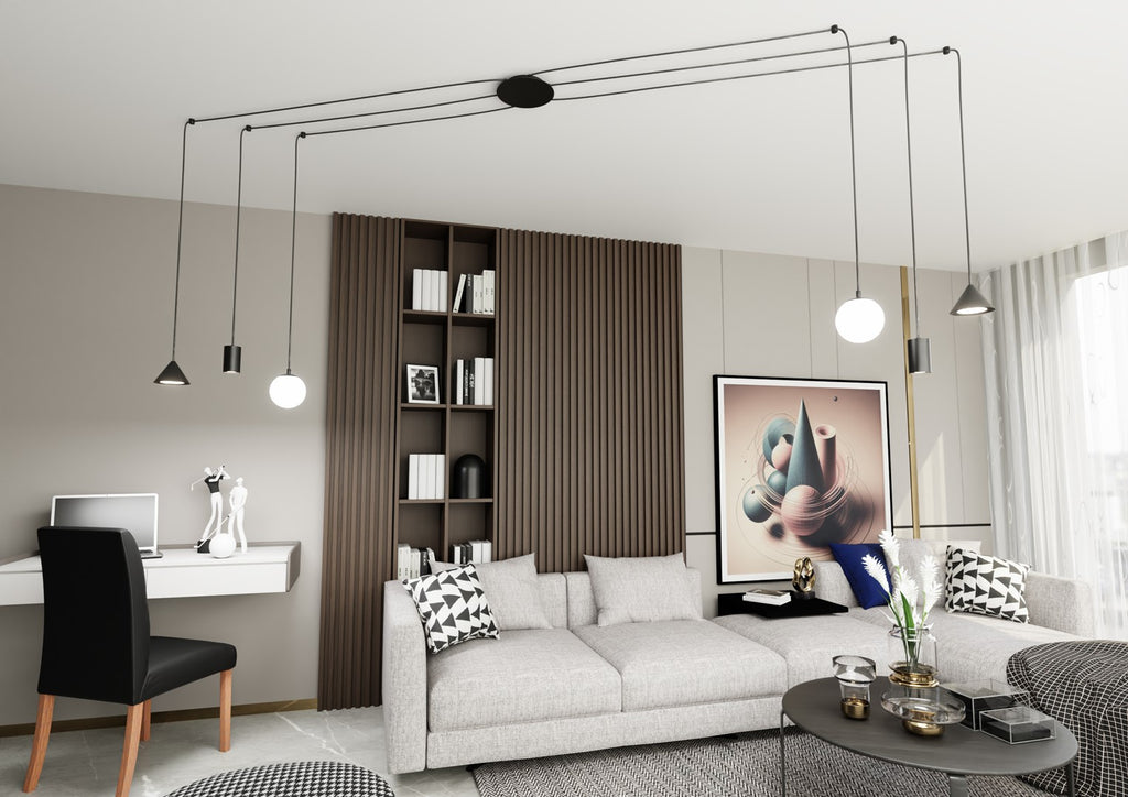 Hanglamp staal Fuji spider modern zwart, 6 fittingen, hoogte verstelbaar met drie soorten kappen