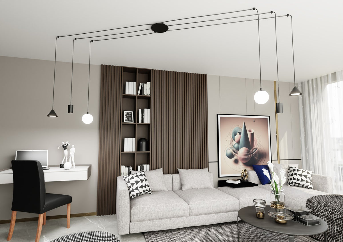 Hanglamp staal Fuji spider modern zwart, 6 fittingen, hoogte verstelbaar met drie soorten kappen