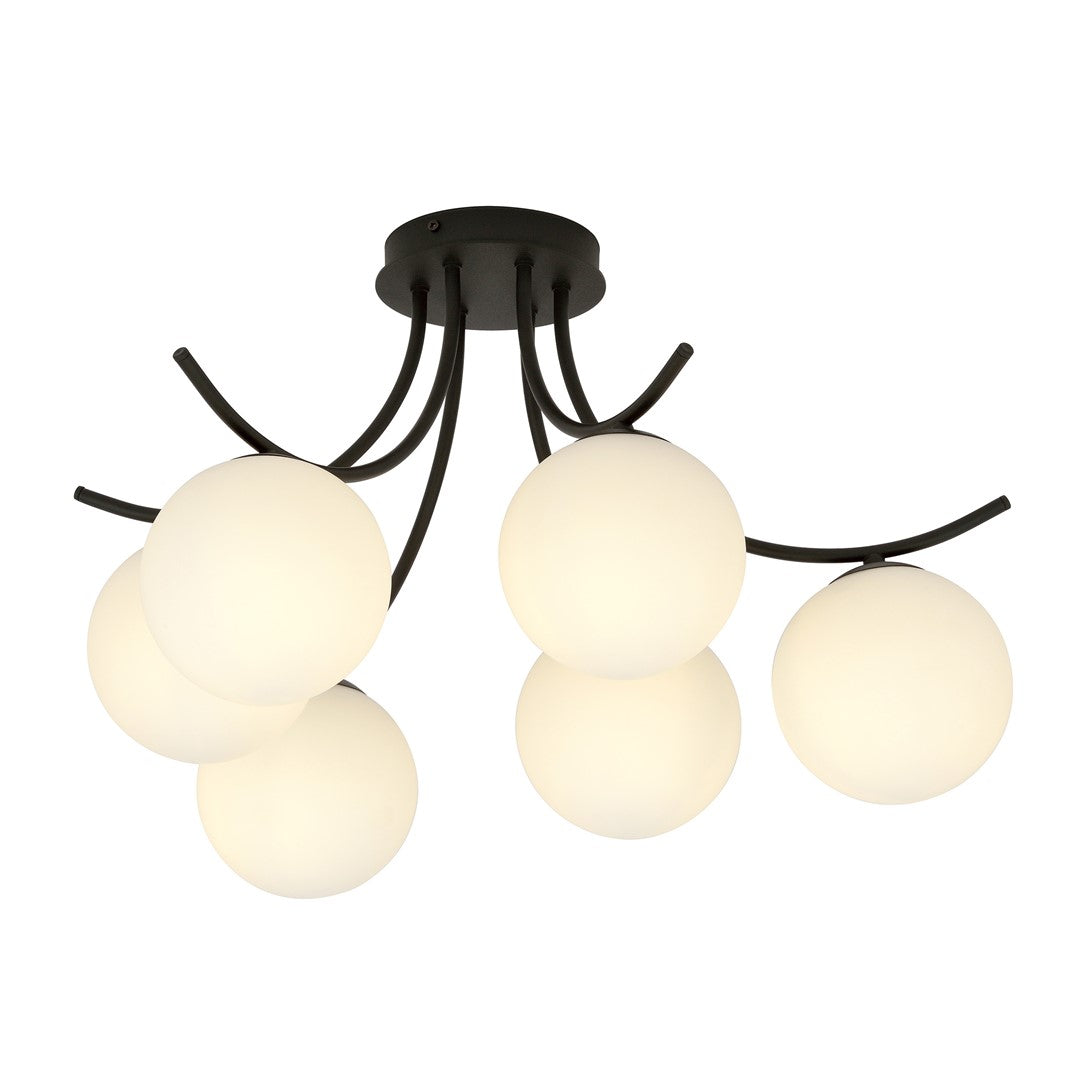 Plafondlamp Boston gepoedercoat staal en glas, zwart met witte kappen, 6 lichts, 70 x 37 cm