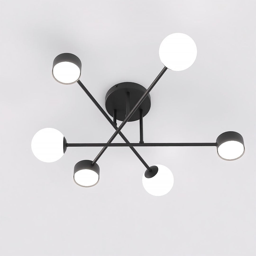 Plafondlamp gepoedercoat staal modern Holon zwart met witte kappen, 64 x 64 x 23 cm, 6 fittingen, woonkamer, eetkamer of hal