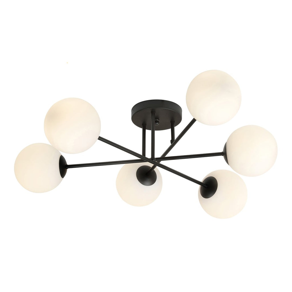 Plafondlamp gepoedercoat staal en glas Roma 6 lichts, zwart met witte glazen kappen, 75 cm breed, E14