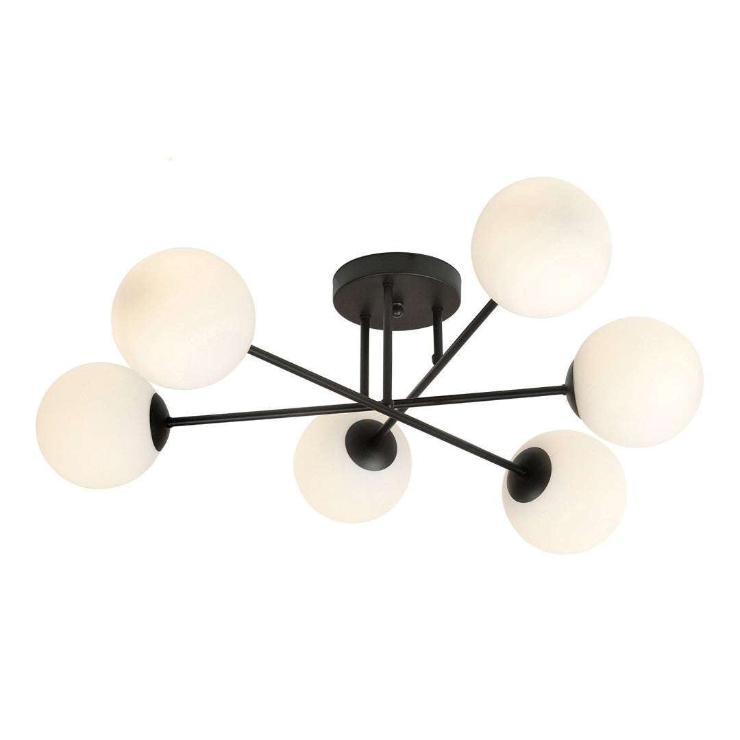 Plafondlamp gepoedercoat staal en glas Roma 6 lichts, zwart met witte glazen kappen, 75 cm breed, E14