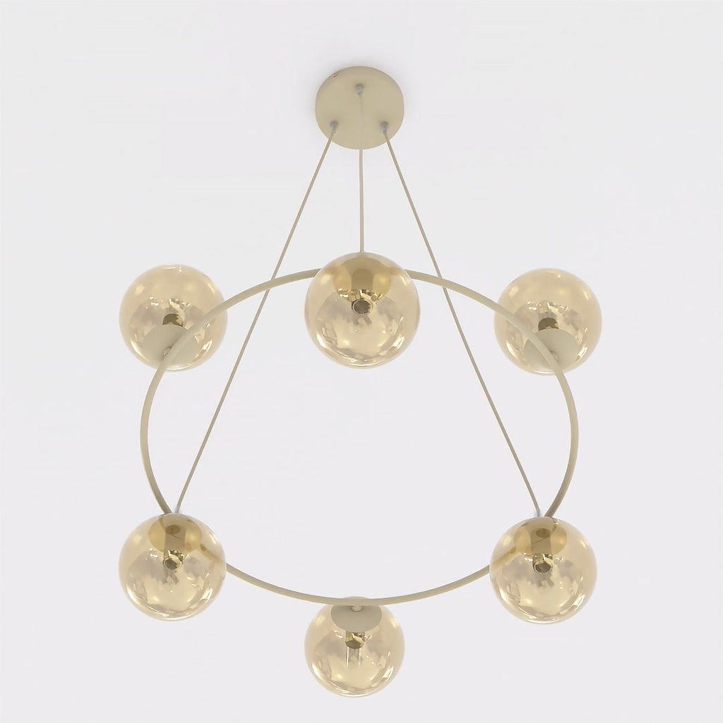 Hanglamp gepoedercoat staal en glas Azura, beige met amberkleurige glazen bollen, 6 lichts, 75 x 75 cm