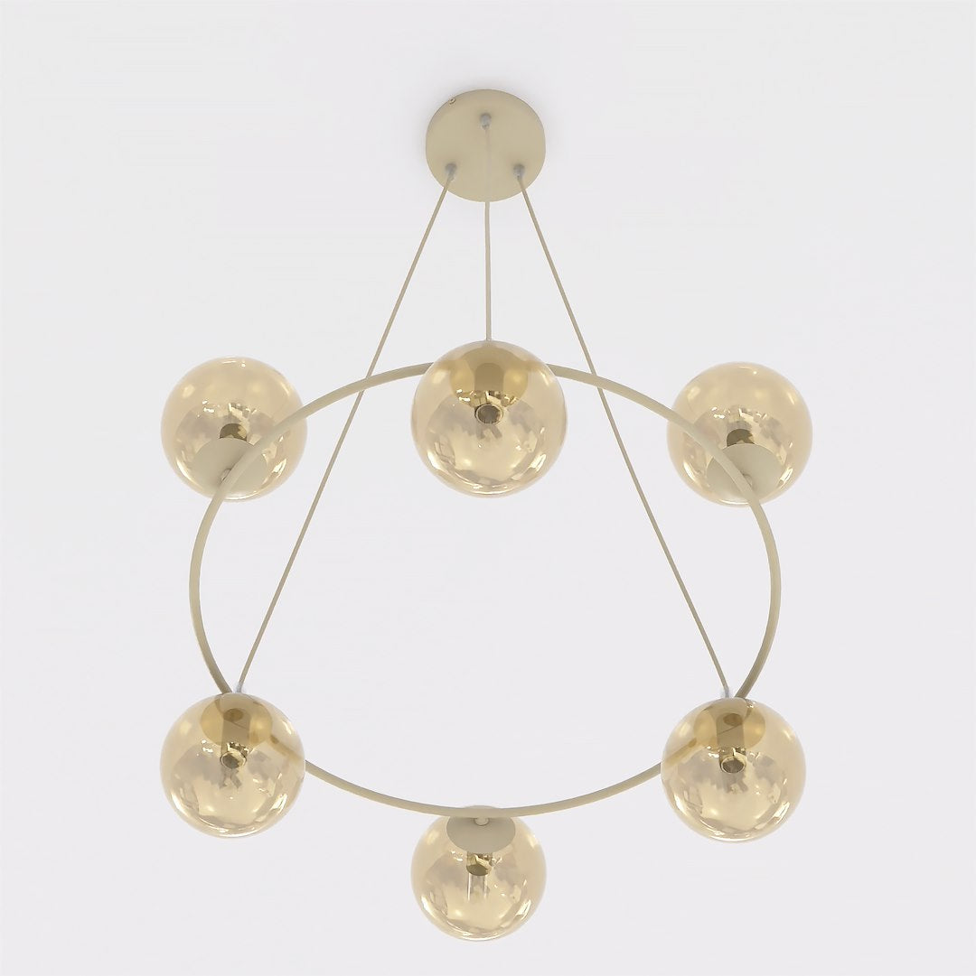 Hanglamp gepoedercoat staal en glas Azura, beige met amberkleurige glazen bollen, 6 lichts, 75 x 75 cm