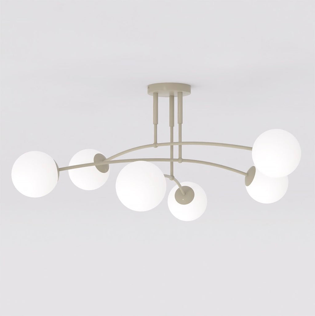 Plafondlamp gepoedercoat staal en glas, modern, beige met witte glazen kappen, 6 lichtpunten, 70 x 60 cm