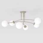 Plafondlamp gepoedercoat staal en glas, modern, beige met witte glazen kappen, 6 lichtpunten, 70 x 60 cm