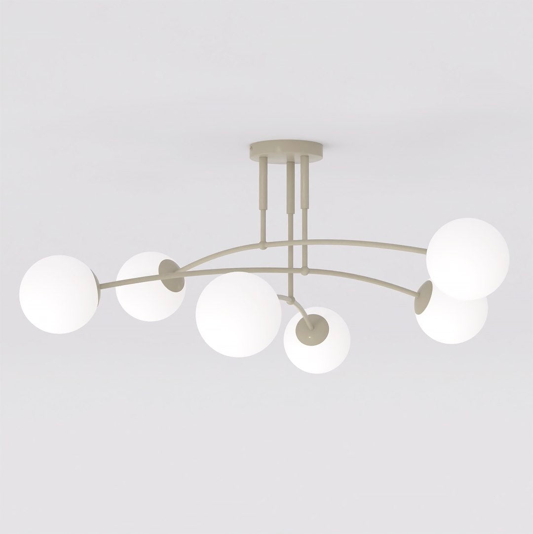 Plafondlamp gepoedercoat staal en glas, modern, beige met witte glazen kappen, 6 lichtpunten, 70 x 60 cm