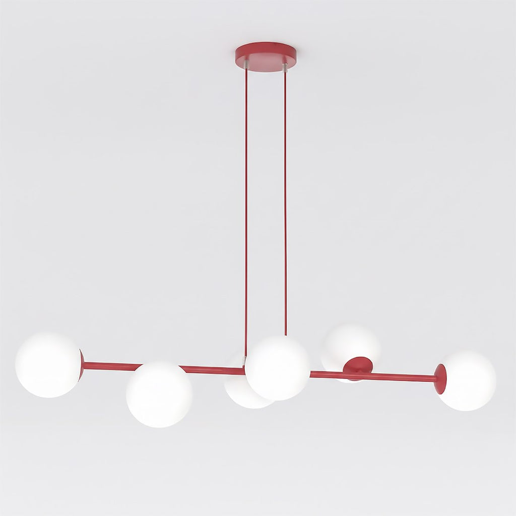 Hanglamp gepoedercoat staal en glas modern Magnus bordeaux met witte kappen 110 x 30 cm, 6 lichts
