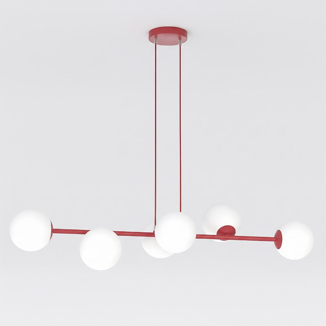 Hanglamp gepoedercoat staal en glas modern Magnus bordeaux met witte kappen 110 x 30 cm, 6 lichts