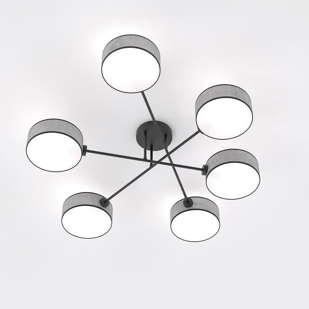 Plafondlamp gepoedercoat staal Japandi Maga 6 grijs, 6 lichts met stoffen kappen 105 x 105 cm voor woonkamer