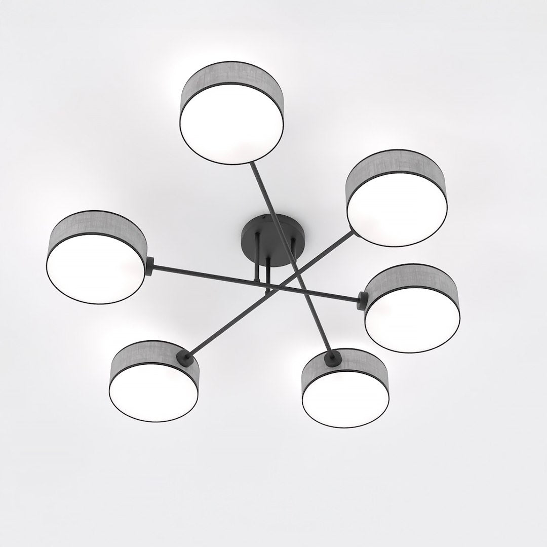 Plafondlamp gepoedercoat staal Japandi Maga 6 grijs, 6 lichts met stoffen kappen 105 x 105 cm voor woonkamer