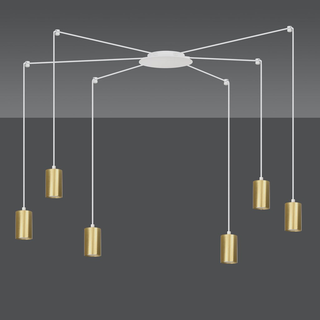 Hanglamp gepoedercoat staal Traker 6 lichts, wit met goud, modern, 6 GU10-fittingen, verstelbare hoogte