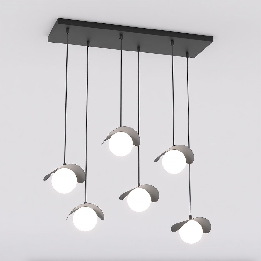 Hanglamp gepoedercoat staal modern Ritual zwart, 6 lichtpunten, 75 x 32 x 120 cm, boven eettafel