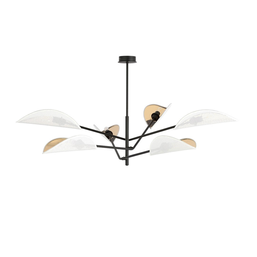 Plafondlamp gepoedercoat staal Vene wit en goud, 6 lichts, bladvormige kappen, woonkamer en slaapkamer
