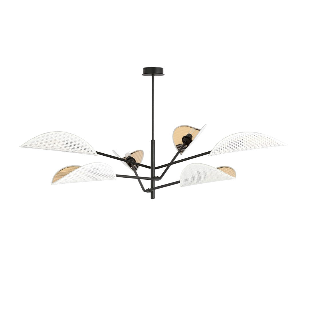 Plafondlamp gepoedercoat staal Vene wit en goud, 6 lichts, bladvormige kappen, woonkamer en slaapkamer
