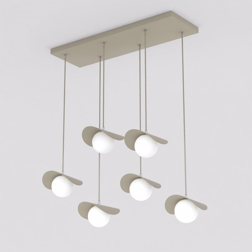 Hanglamp gepoedercoat staal en glas Ritual, beige met witte glazen bollen, 6 lampen, 75 cm breed