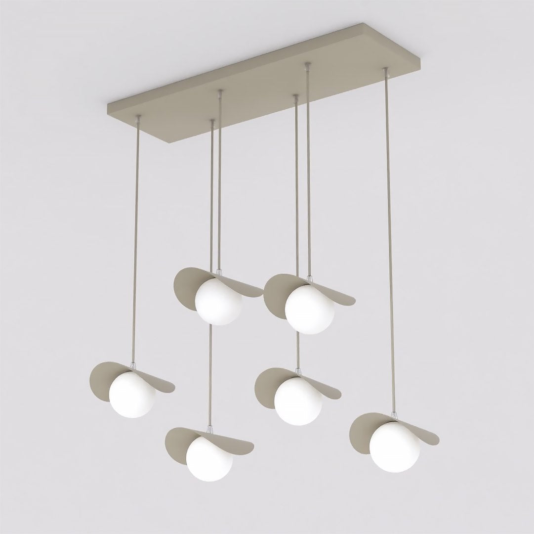 Hanglamp gepoedercoat staal en glas Ritual, beige met witte glazen bollen, 6 lampen, 75 cm breed