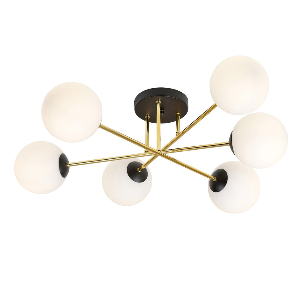 Plafondlamp 6 lichts glas en gepoedercoat staal, glamour zwart en goud met witte kappen, 75 cm breed