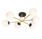 Plafondlamp 6 lichts glas en gepoedercoat staal, glamour zwart en goud met witte kappen, 75 cm breed