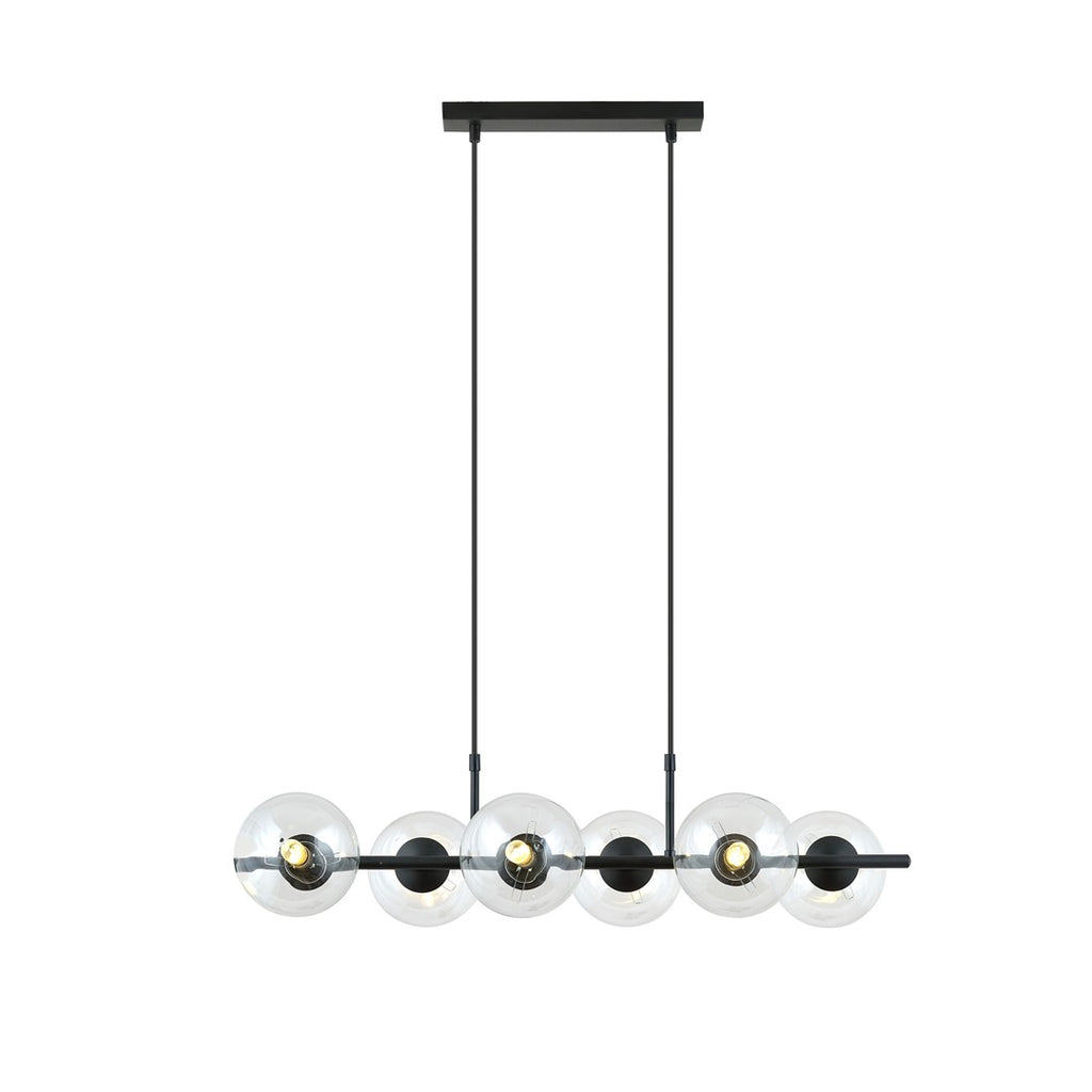 Hanglamp Rory gepoedercoat staal en glas, zwart met transparante kappen, 6 lichts, 95 x 110 cm, eettafel