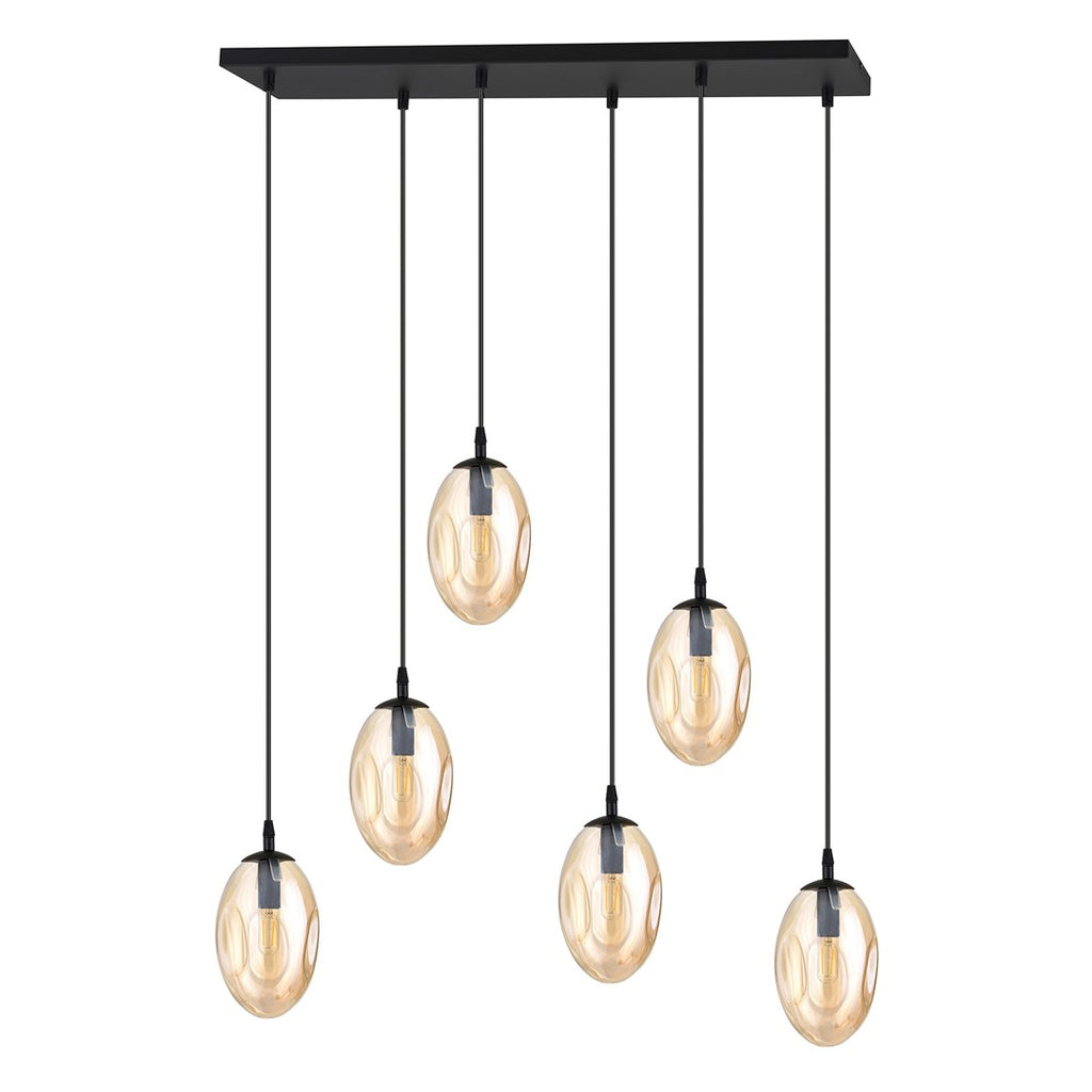 Hanglamp 6 lichtpunten gepoedercoat staal en glas, modern, zwart met amberkleurig glas, 70 cm breed