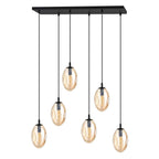Hanglamp 6 lichtpunten gepoedercoat staal en glas, modern, zwart met amberkleurig glas, 70 cm breed