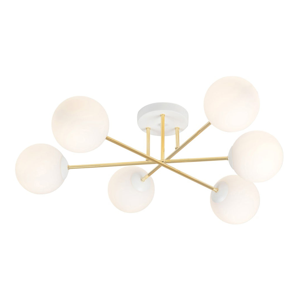 Plafondlamp gepoedercoat staal en glas Magnum, wit en goud, 6 lichts, 75 cm breed, woonkamer en eettafel