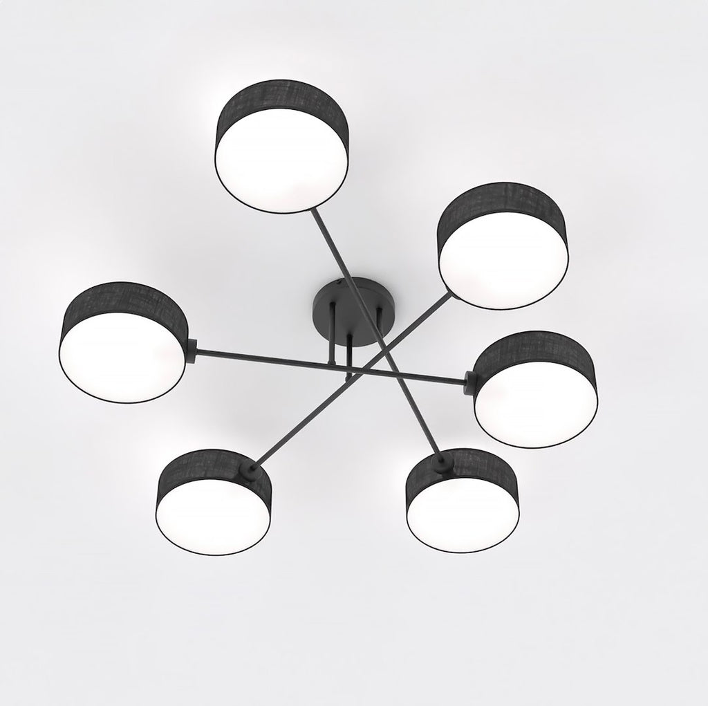 Plafondlamp gepoedercoat staal Japandi zwart met 6 lampenkappen, 105 x 105 x 22 cm, woonkamer en eetkamer