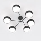 Plafondlamp gepoedercoat staal Japandi zwart met 6 lampenkappen, 105 x 105 x 22 cm, woonkamer en eetkamer