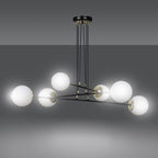 Hanglamp gepoedercoat staal en glas Ognis, zwart met witte glazen kappen, 6 lichtpunten, E27, eettafel en hal