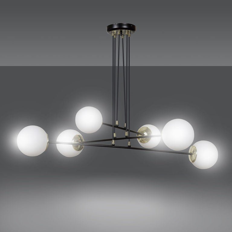 Hanglamp gepoedercoat staal en glas Ognis, zwart met witte glazen kappen, 6 lichtpunten, E27, eettafel en hal