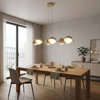 Hanglamp gepoedercoat staal Scandinavisch mokka met 6 witte halfbolkappen, G9, 88 x 32 cm, eettafel