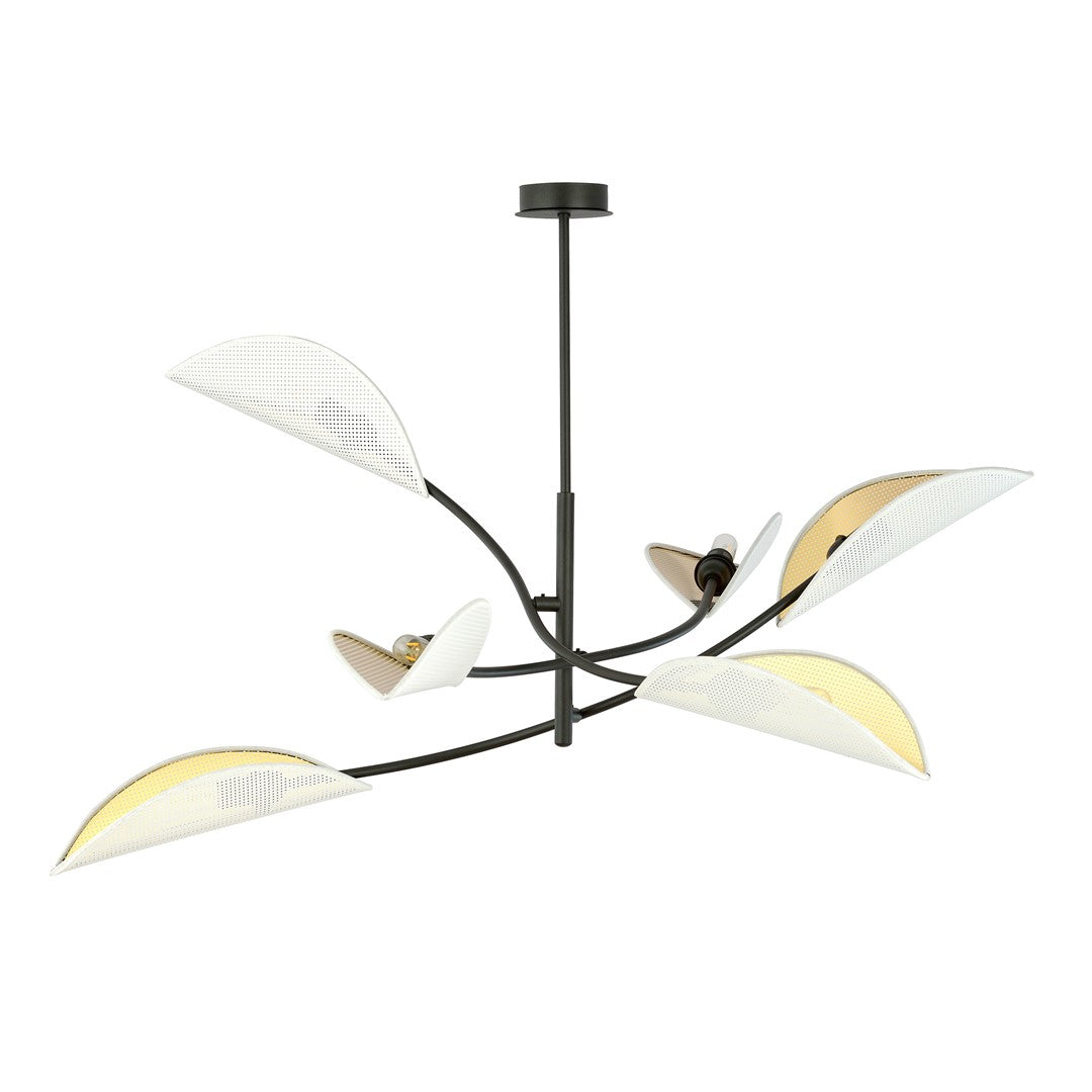Plafondlamp 6 lichts gepoedercoat staal Lotus, zwart met wit en goud – 102 x 51 cm, woonkamer en slaapkamer