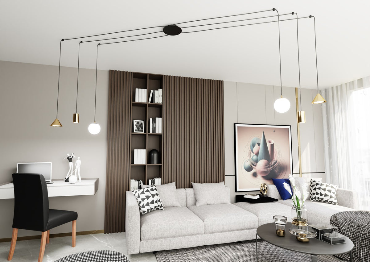 Hanglamp spider gepoedercoat staal modern goud en zwart, Fuji 6 lichts, verstelbare hoogte