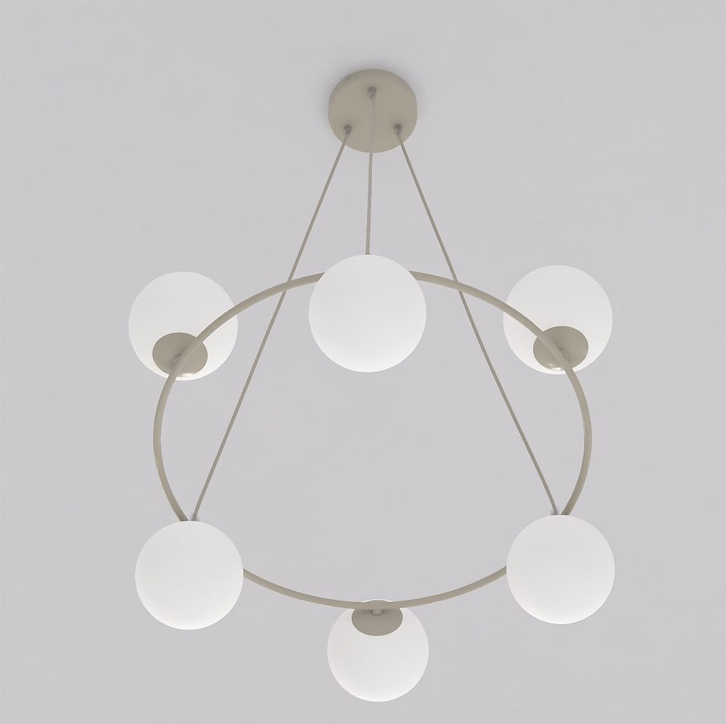 Hanglamp gepoedercoat staal en glas Azura, beige met witte glazen kappen, 6 lichtpunten, Ø 75 cm, glamour