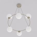 Hanglamp gepoedercoat staal en glas Azura, beige met witte glazen kappen, 6 lichtpunten, Ø 75 cm, glamour
