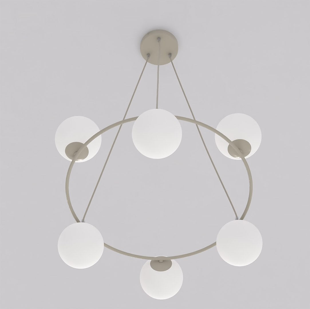 Hanglamp gepoedercoat staal en glas Azura, beige met witte glazen kappen, 6 lichtpunten, Ø 75 cm, glamour