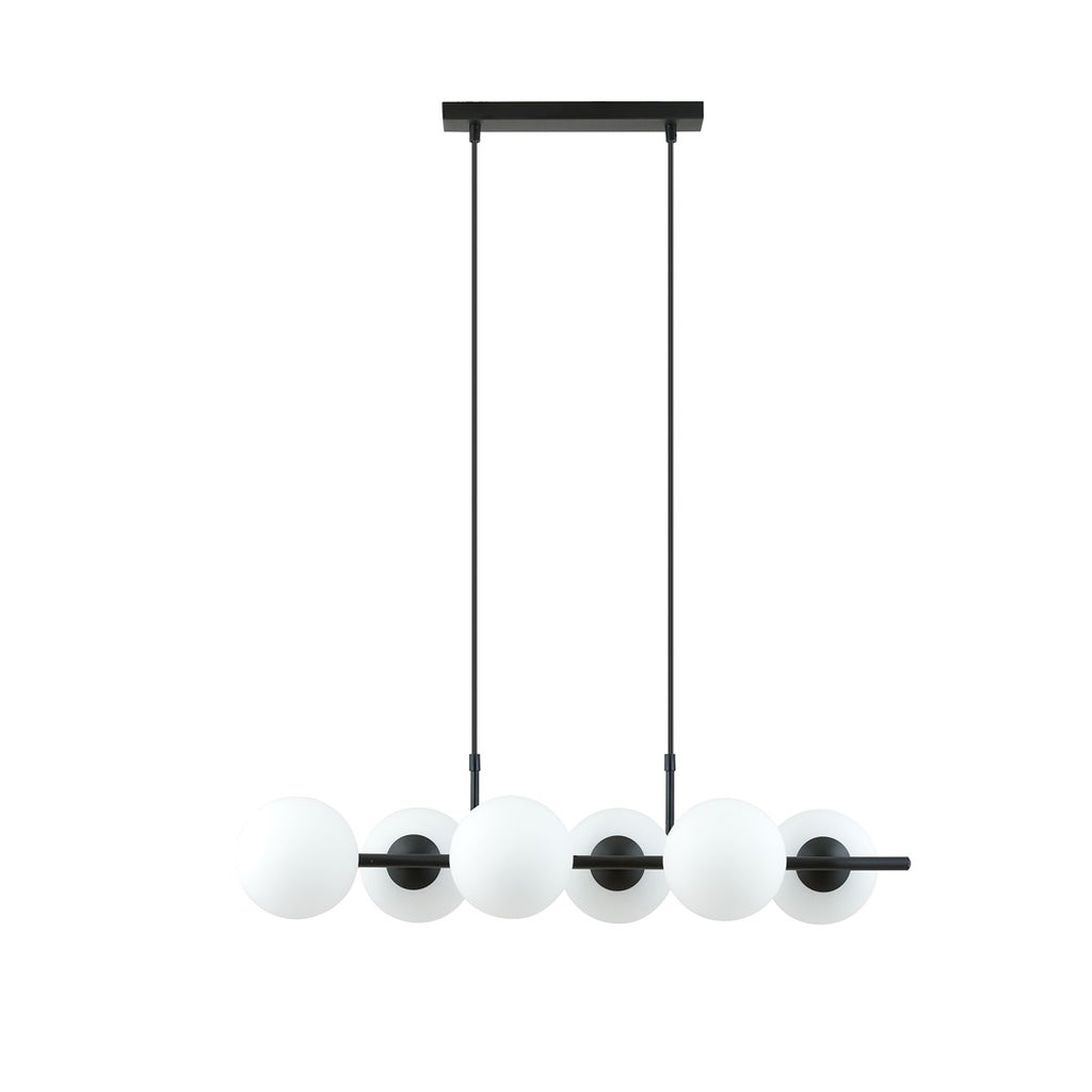 Hanglamp gepoedercoat staal modern Rory 6 zwart met witte glazen kappen, 95 x 110 cm, eettafel en kookeiland