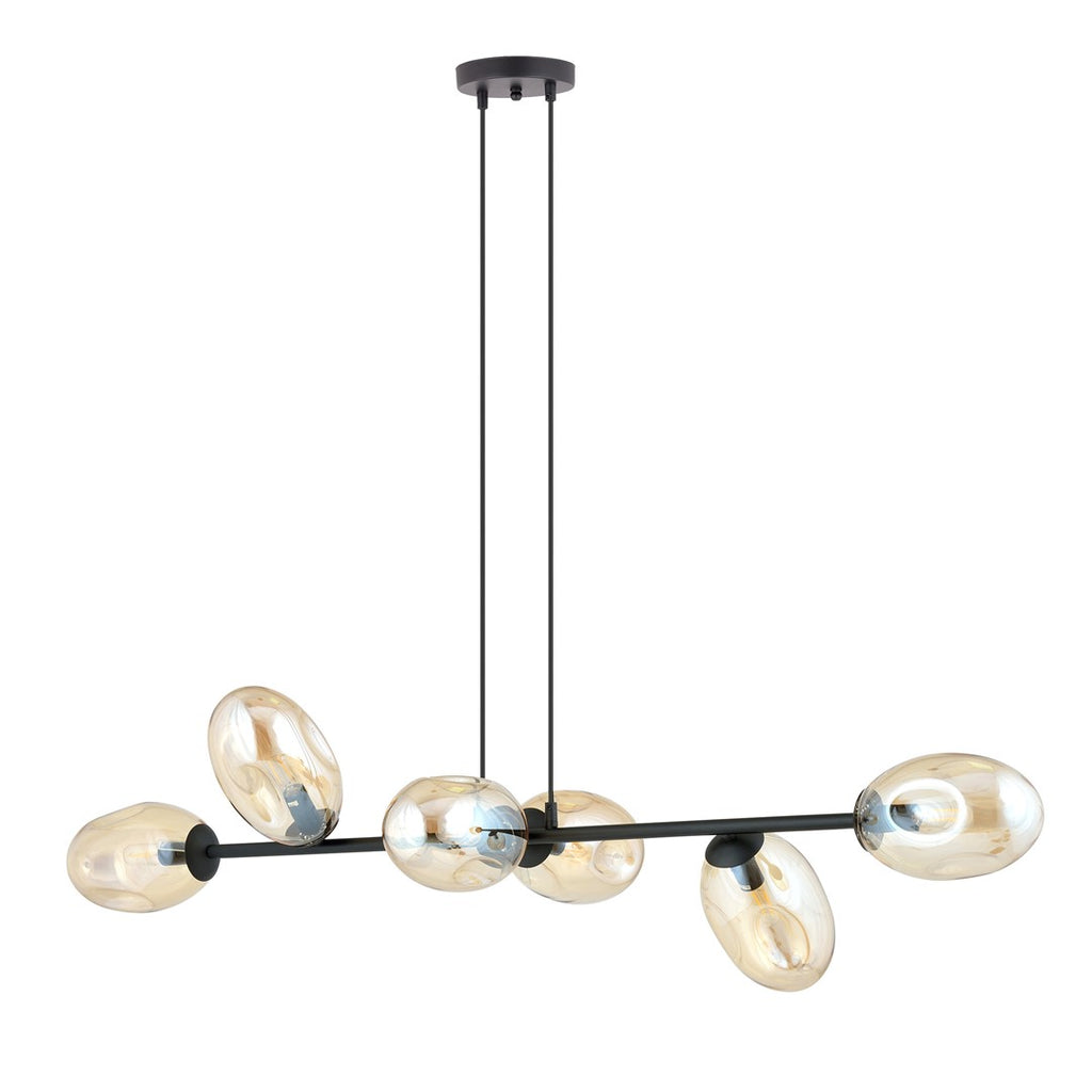 Hanglamp gepoedercoat staal en glas Pandora, zwart met amberkleurige kappen, 6 lichts, 120 x 100 cm