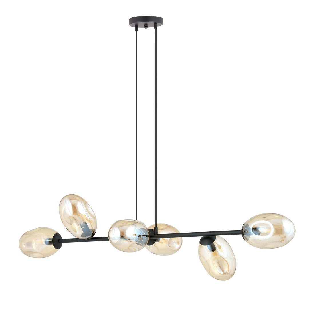 Hanglamp gepoedercoat staal en glas Pandora, zwart met amberkleurige kappen, 6 lichts, 120 x 100 cm