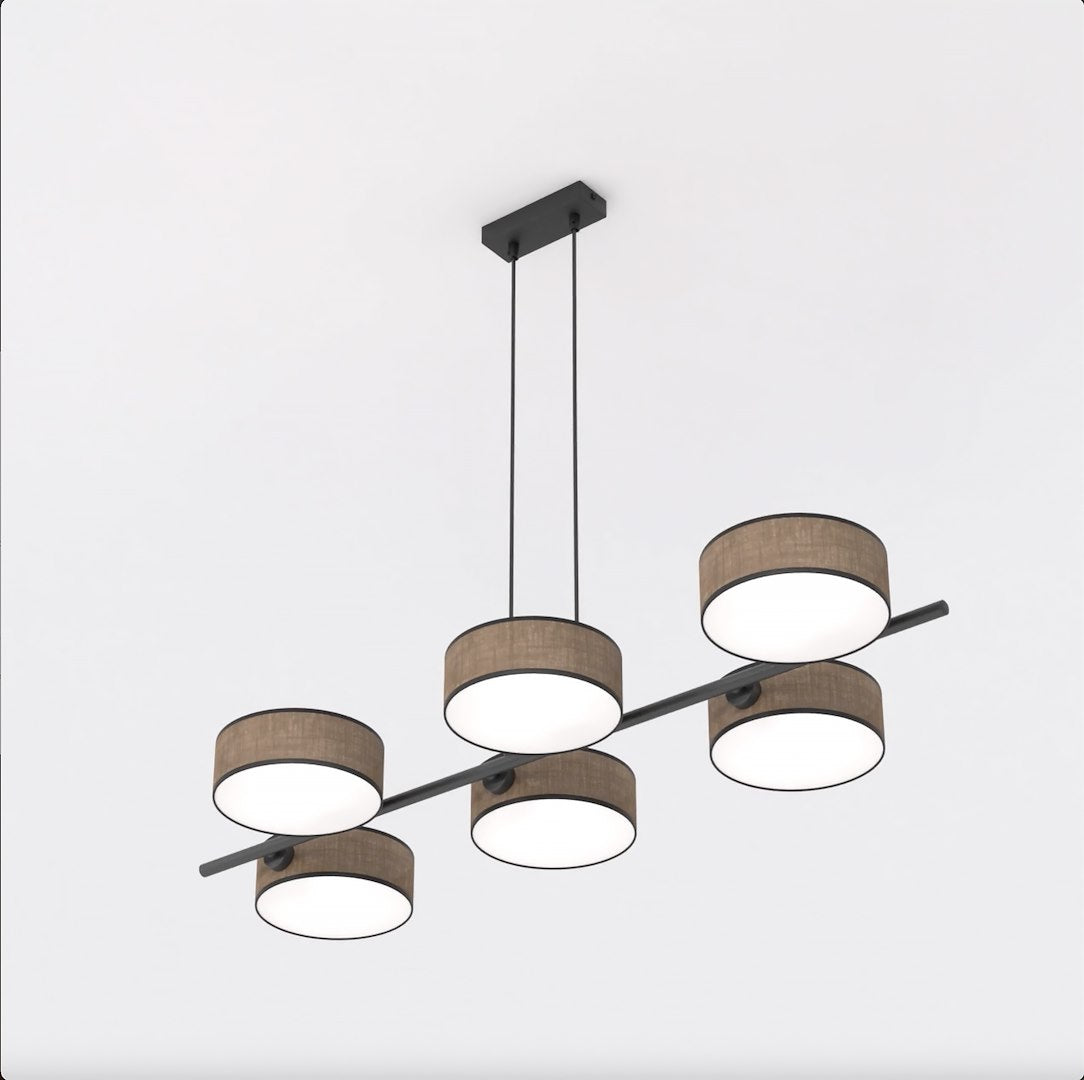 Hanglamp gepoedercoat staal Japandi bruin zwart, 6 lichts, kap Ø 20 cm, 100 x 46 x 120 cm, eettafel