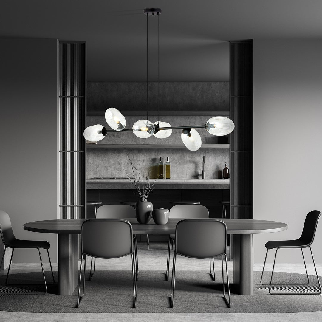 Hanglamp staal en glas Pandora zwart met transparante glazen kappen, 6 lichts, 120 x 100 cm, verstelbaar