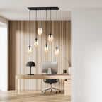 Hanglamp 6 lichtpunten gepoedercoat staal en glas, modern, zwart met amberkleurig glas, 70 cm breed