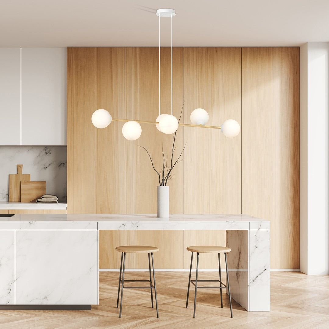 Hanglamp Gravity gepoedercoat staal en glas wit met goud, 6 lichtpunten, 110 x 100 cm, eettafel en woonkamer