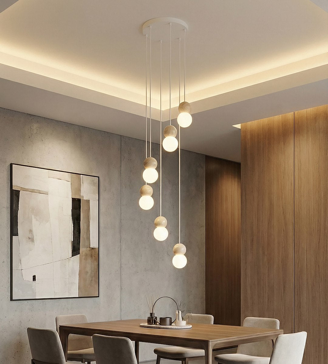 Hanglamp gepoedercoat staal en hout, Scandinavisch Loop wit, Ø 33 cm, 6 lichts, voor eetkamer of keukeneiland