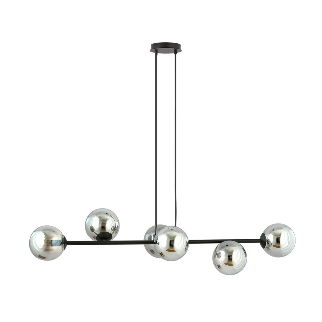 Hanglamp staal en glas Rossi zwart met grafiet glazen kappen 110 cm, 6 lichts, voor eettafel en woonkamer