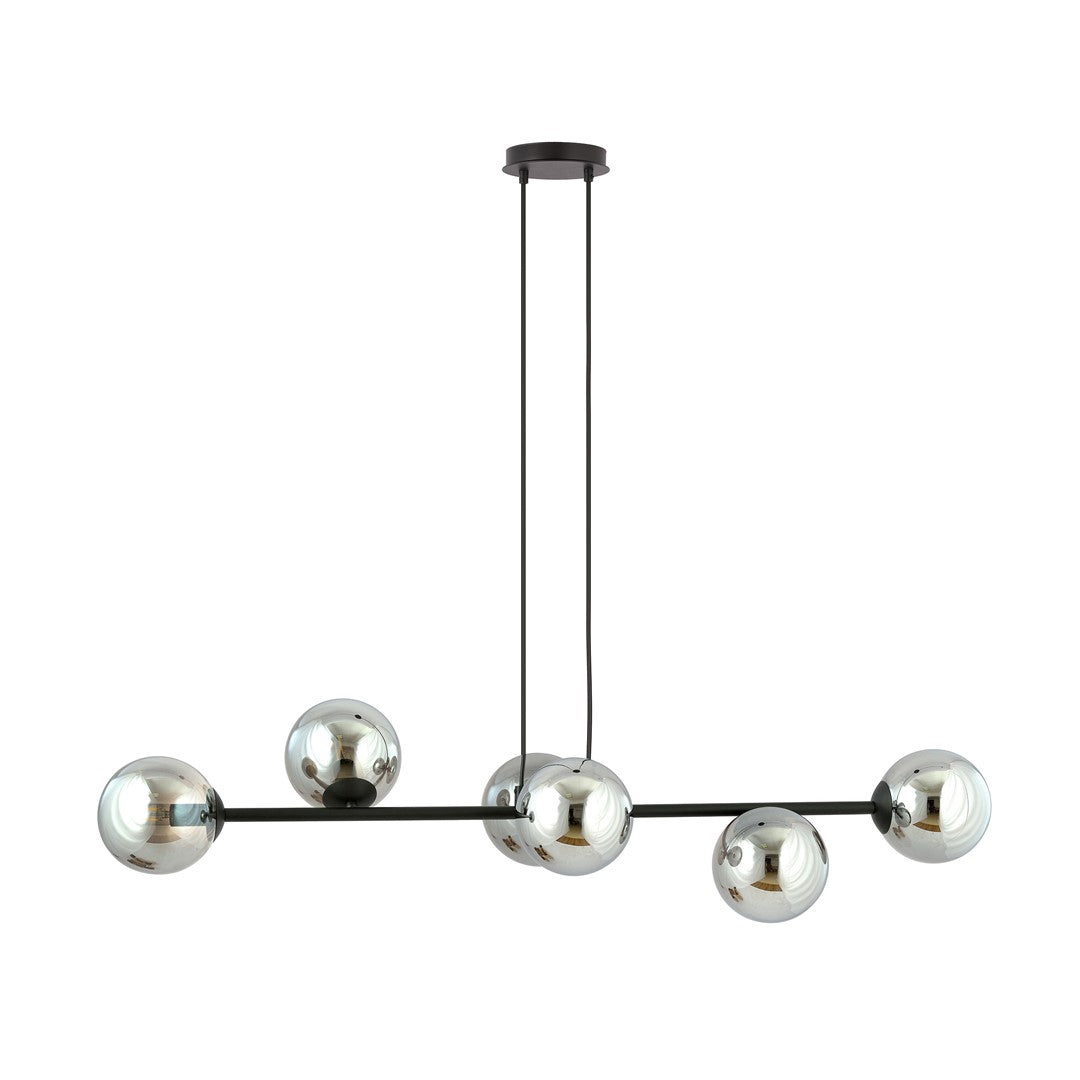 Hanglamp staal en glas Rossi zwart met grafiet glazen kappen 110 cm, 6 lichts, voor eettafel en woonkamer
